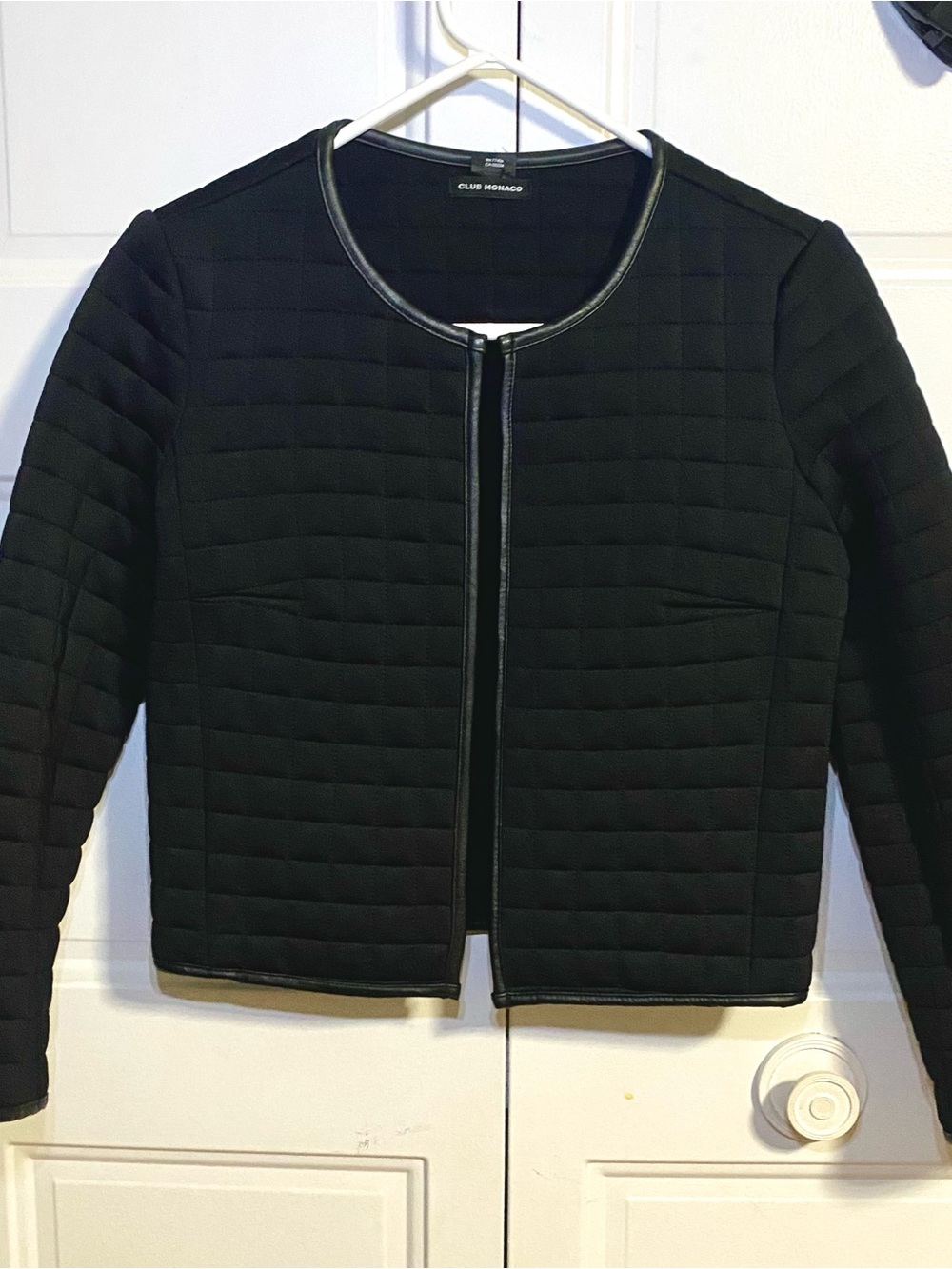 Club Monaco Black Quilted Crop Blazer with Faux-Leather Trim